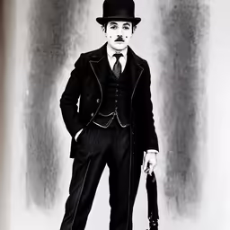 a man standing next to a black and white photo