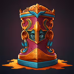 an artistic design of a purple cylinder with ornate decorations and blue eyes,a large colorful, unusual vase with intricate designs on it