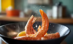 a couple of shrimp is fried in a bowl