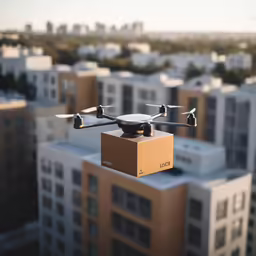 a flying box on top of a building in the city