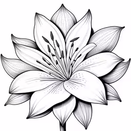 a white lily flower drawing in black ink,a flower with petals drawn in ink on paper