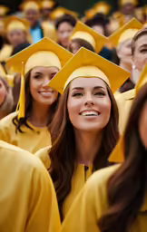 group of young women in yellow graduation gowns standing and laughing