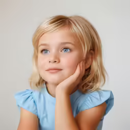 a child with blue eyes is looking to the side