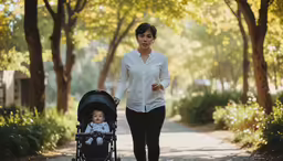 a woman walking with a baby in a stroller