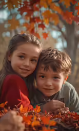 a couple of kids hugging each other under some trees