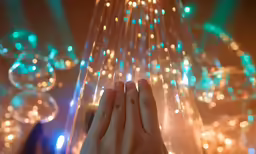 hand with lighted beads and long hair up to the ceiling