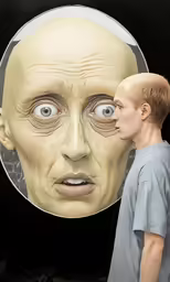 a young man is standing by a large cutout face