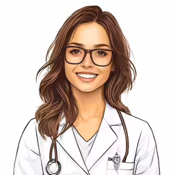 a drawing of a woman doctor wearing glasses and smiling