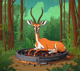 the deer is on a trampoline surrounded by trees,an illustration of a gazelle sitting on top of a tire