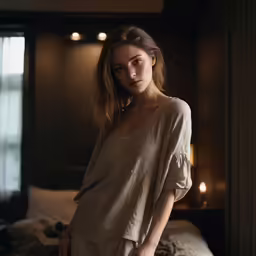 a woman poses in her bedroom with dark lighting