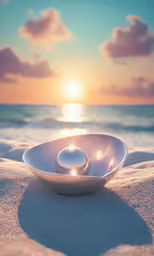 white shell sitting in the sand with sunset behind it
