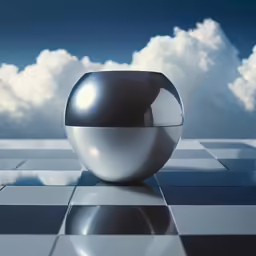a silver ball sits atop a checkered floor with the clouds below