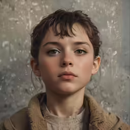 a young woman poses in front of a dirty wall